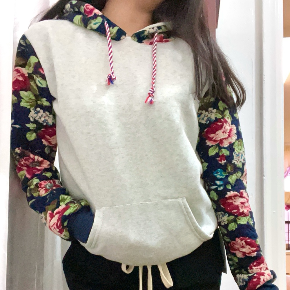Light grey with floral sleeves hoodie
